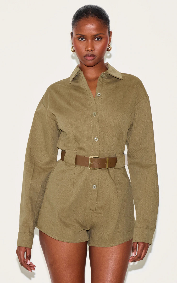 Mushroom Woven Utility Belted Romper | PrettyLittleThing US