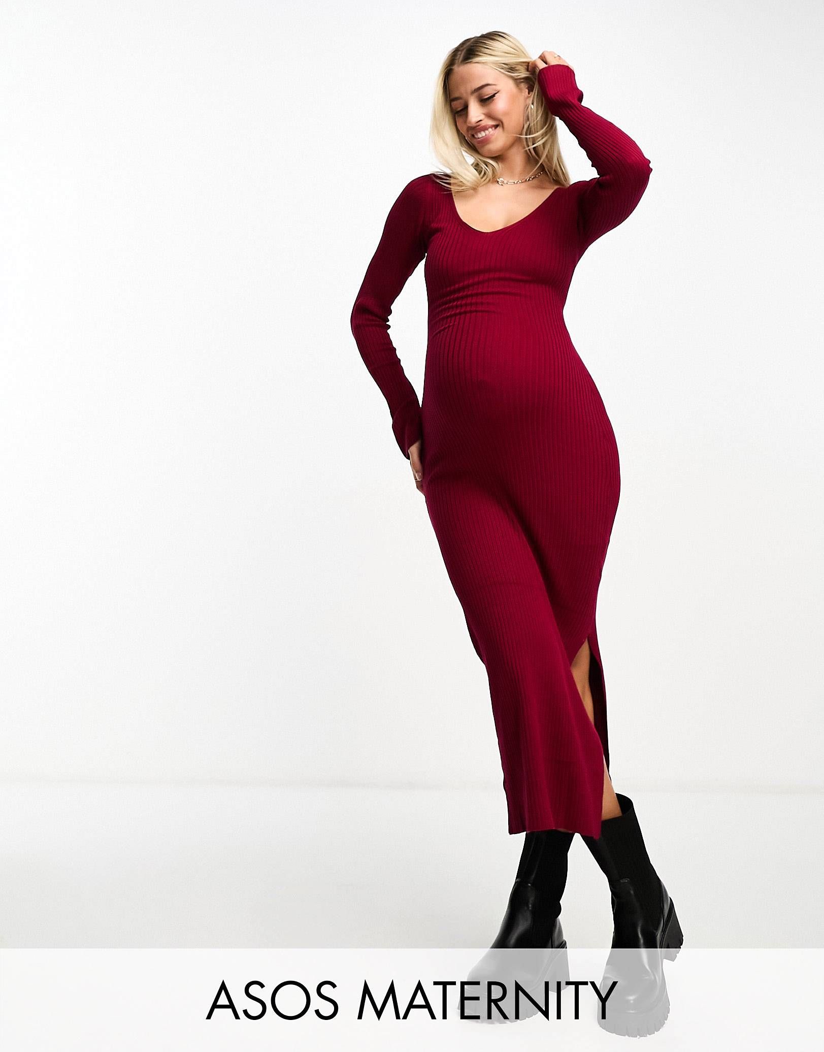 ASOS DESIGN Maternity knitted midi dress with v neck in rib in dark red | ASOS (Global)
