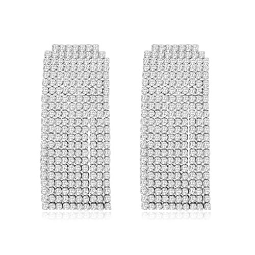 NEPULOY Rhinestone Earrings Dangling for Women Sparkly Silver Statement Dangle Earrings Long Chandelier Earrings Tassel Lightweight Cubic Zirconia Jewelry | Amazon (US)