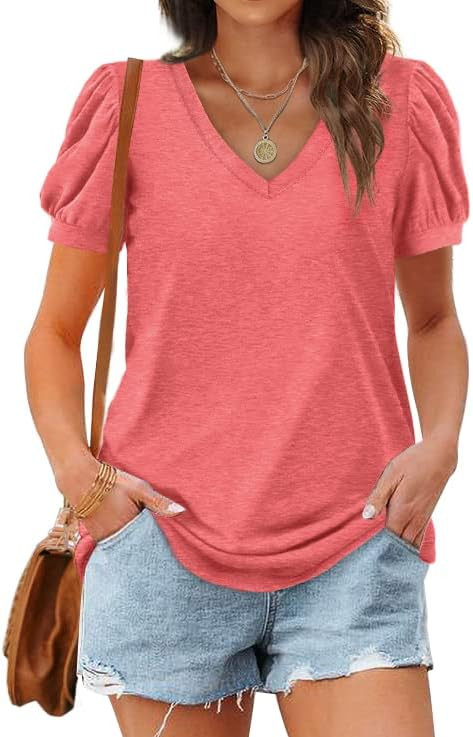 WIHOLL Womens Tops V Neck Summer Puff Sleeve Tshirts Fashion Casual | Amazon (US)