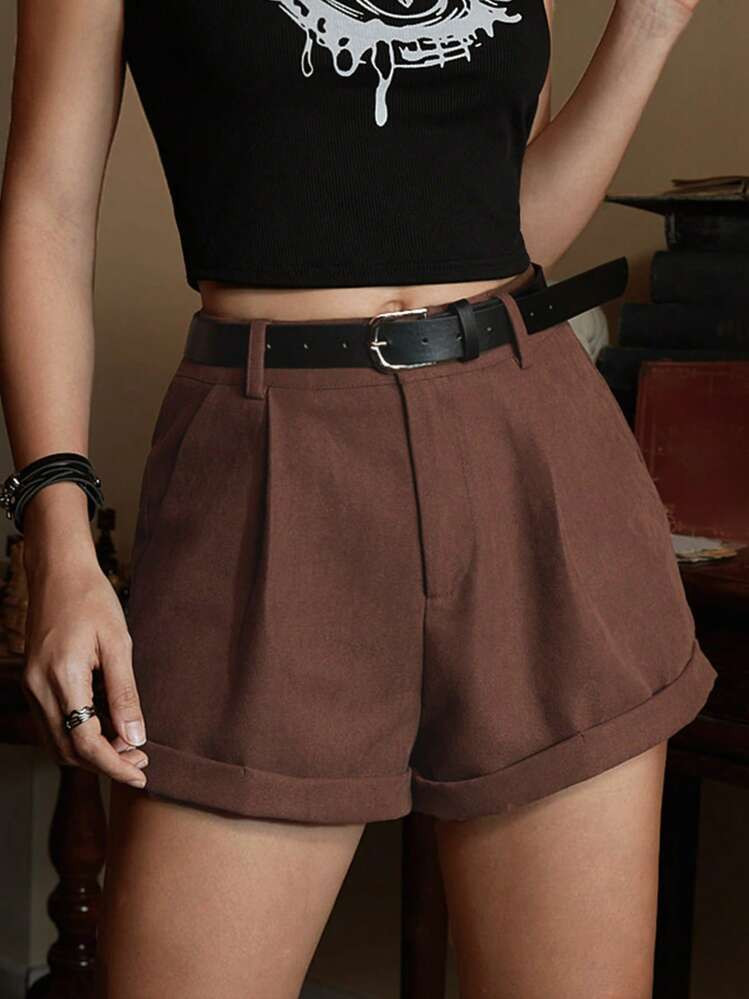 ROMWE Academia Solid Roll Up Hem Shorts With Belt, School | SHEIN