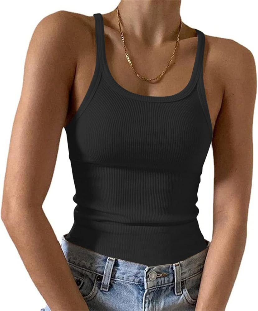 MIRALUNA Women's Sleeveless Ribbed Tank Tops Scoop Neck Slim Fit Knit Solid Color Basic Cami Shir... | Amazon (US)