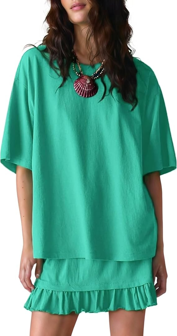 Esmeling Women Summer 2 Piece Skirt Sets Round Neck Short Sleeve Outfits Casual Tops and Pleated ... | Amazon (US)