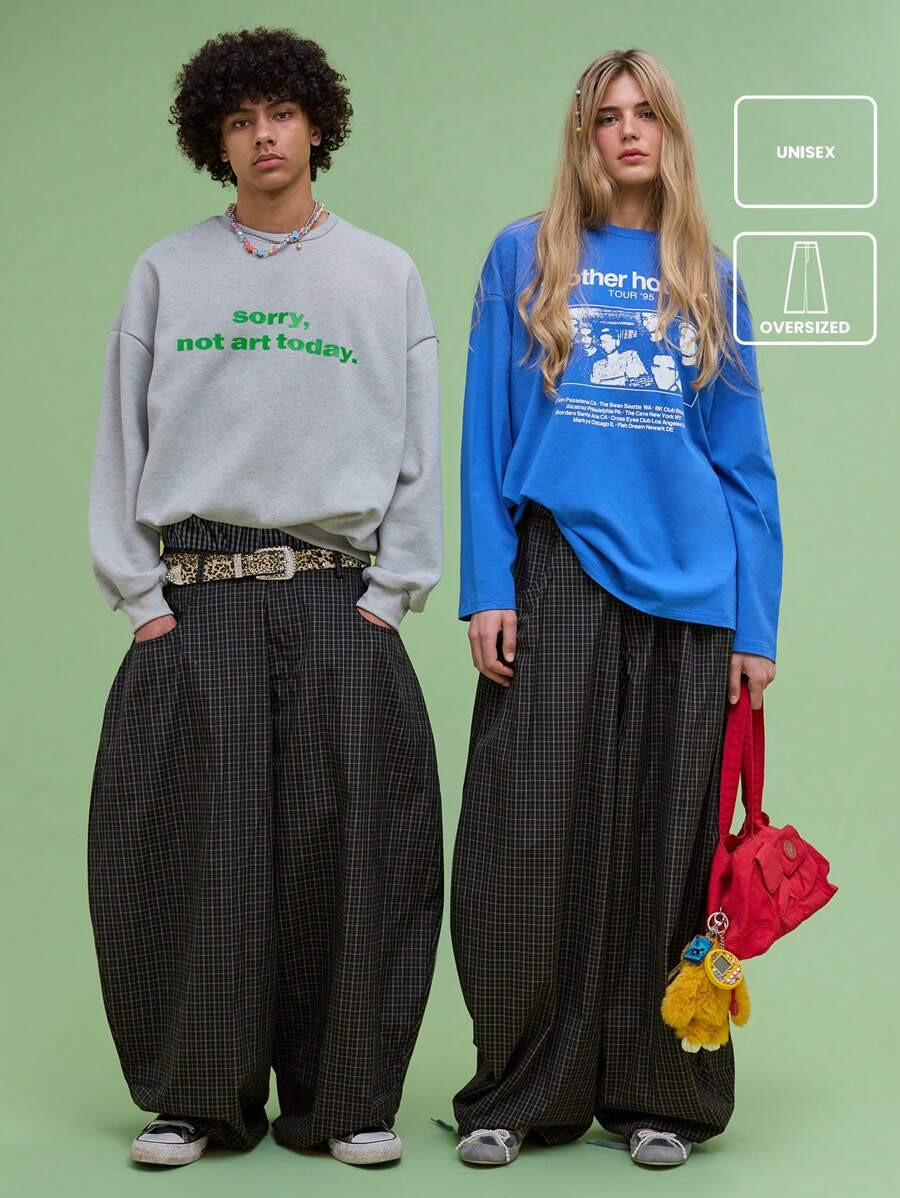 COUREZ Low Rise Baggy Barrell Fit Check Trousers /Y2K Casual Cotton Fall Women Clothes Winter Clo... | SHEIN