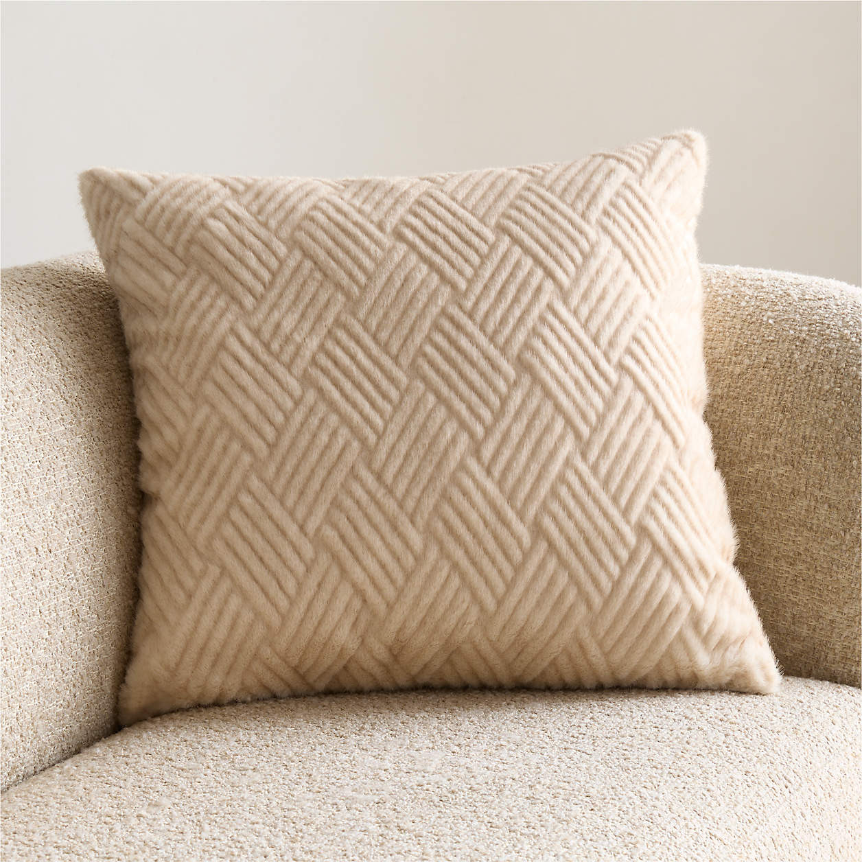 CiCi Faux Fur 23"x23" Creme Ivory Throw Pillow Cover by Laura Harrier and Tiffany Howell | Crate ... | Crate & Barrel