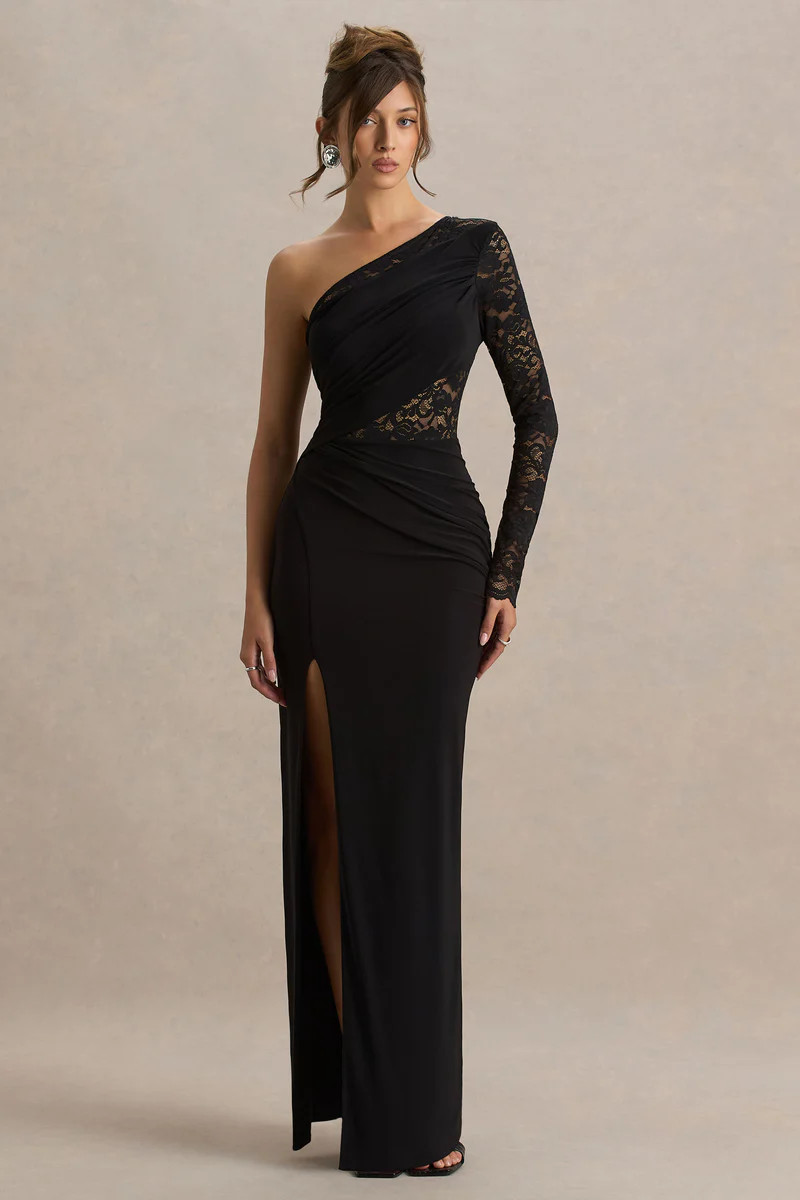 Melody  Black Asymmetric-Neck Maxi Dress With Lace Detailing And Front-High Split | Club L London