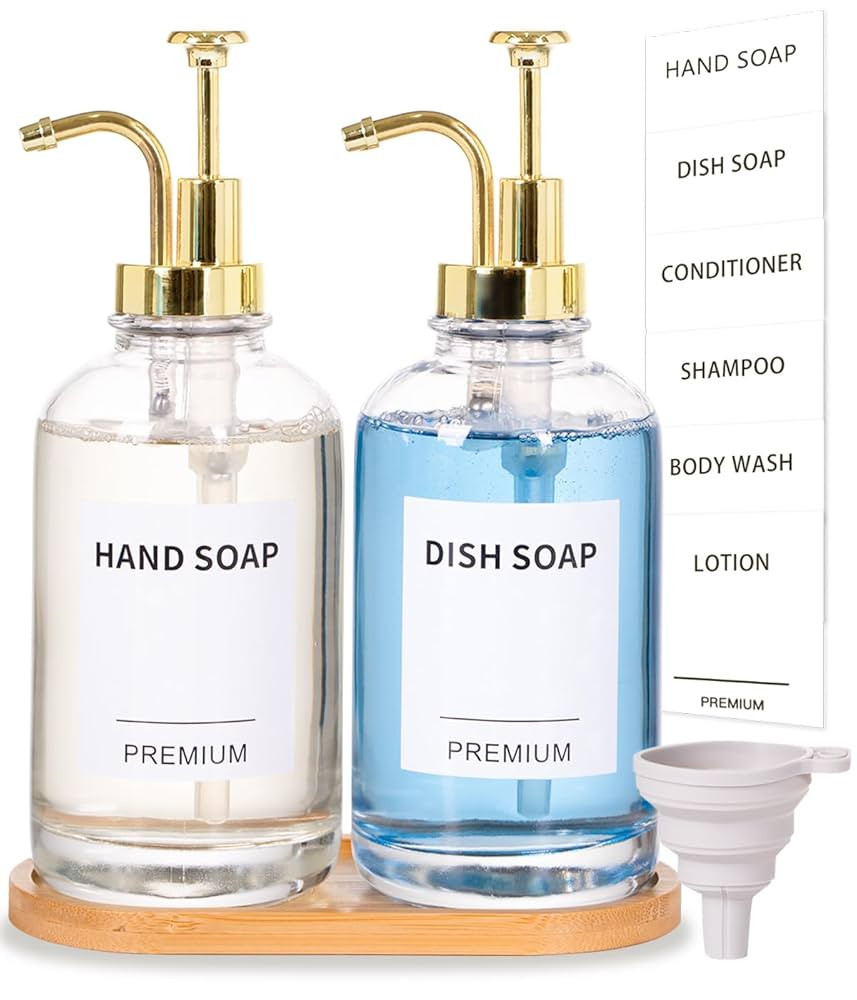 Dish Soap Dispenser for Kitchen, Hand Glass Soap Dispenser Set with Pump, Tray, Funnel for Bathro... | Amazon (US)