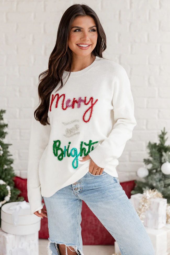 Merry And Bright Tinsel Cream Sweater | Pink Lily