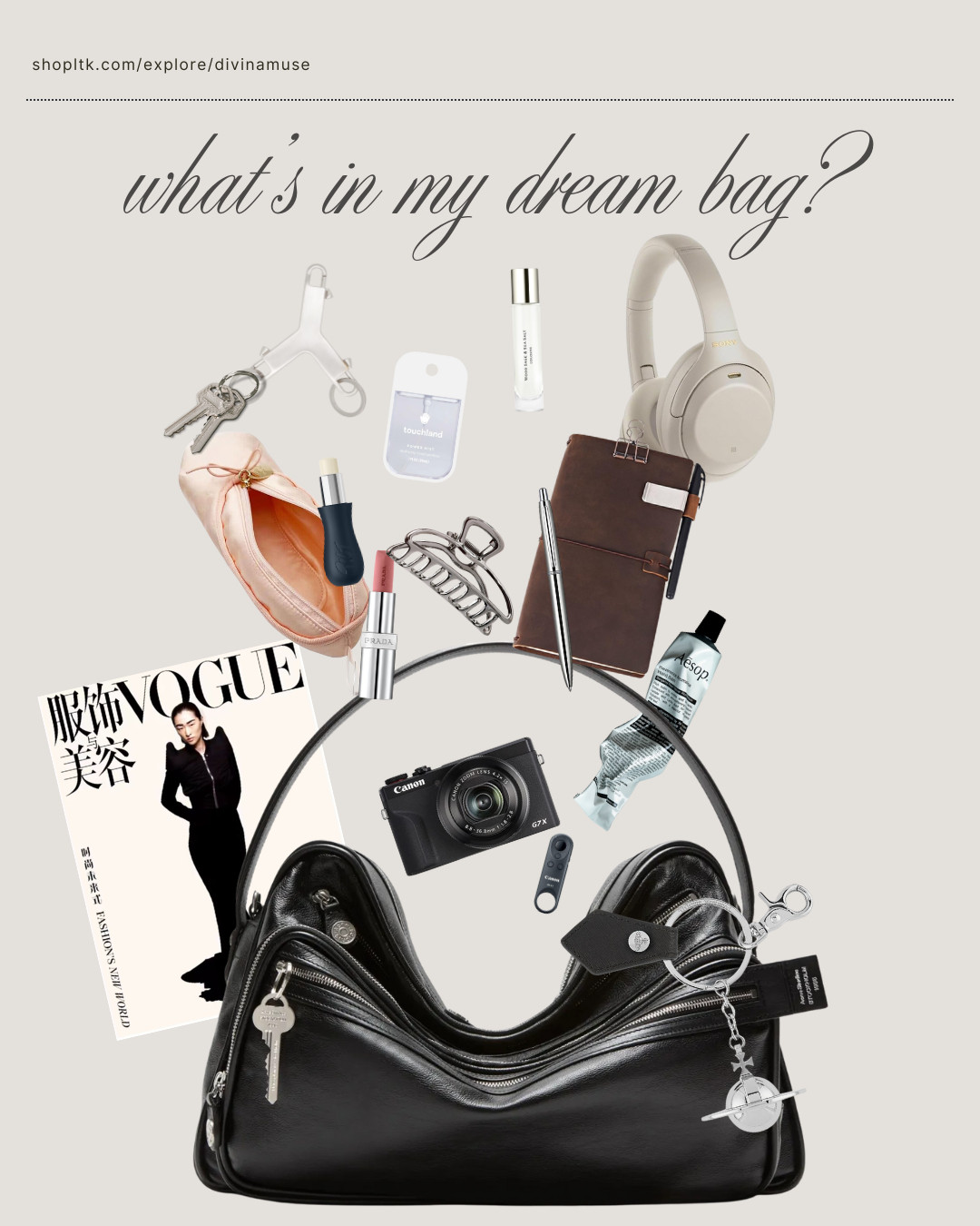 what's in my dream bag? 
- dream bag: acne medium camera bag in black 
- vivienne westwood keychain/keyring
- ballet flat slipper makeup zip up pouch
- adorably packaged makeup lip balm from tilt 
- touchland hand sanitizer. 
- prada lipstick. formulation is amazing and shades are beautiful. 
- travel leather journal with a silver metal pen 
- sony headphones
- sandalwood sea salt travel perfume fragrance. this has been one of my faves for YEARS. 
- rick owens keychain keyring holder
- a simple metal and sturdy hair claw
- vogue china magazine obvi
- canon g7x mark 3, a girls bestfriend
- along with a canon remote for easy content creating 
- aesop hand cream. the OG. moisturizing, smells amazing. 

#whatsinmybag #designerbag #acnestudios #edgyfashion #blackleatherbags #mediumsizedbags #camerabag #edgybags  

 #LTKootd #LTKTall #LTKBeauty