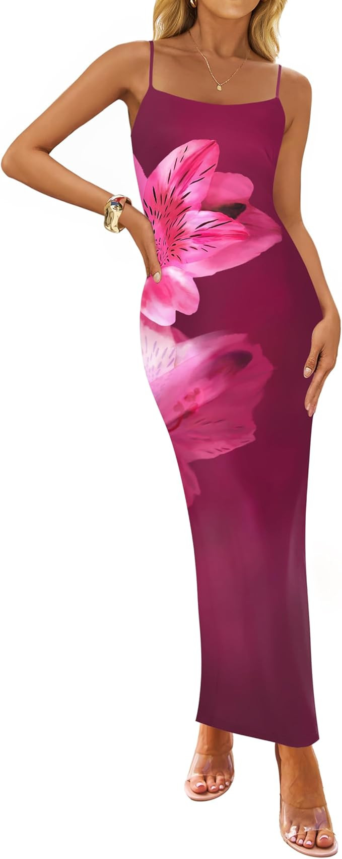 ZESICA Women’s Summer Bodycon Maxi Dresses 2026 Floral Spaghetti Strap Square Neck Sleeveless B... | Amazon (US)