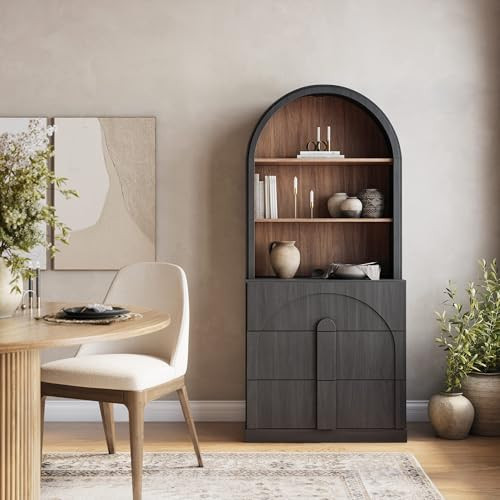 BELLEZE Arched Bookshelf with 3 Drawers, 71" Tall Modern Wood Display Cabinet with Hutch, Modern Book Case Shelf with Storage Versatile Cupboard for Living Room Office, Ebony | Amazon (US)