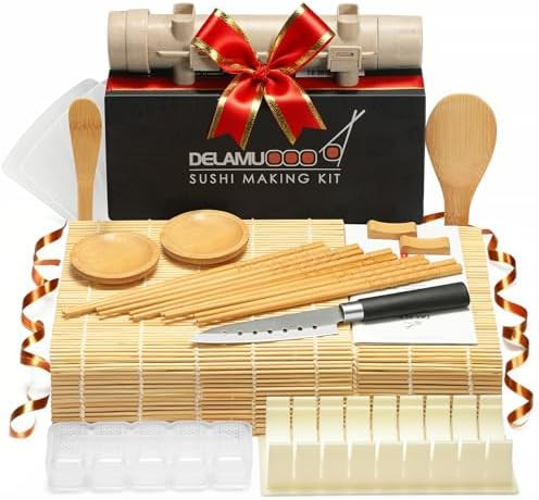 Delamu Sushi Making Kit, 20 in 1 Bazooka Roller Kit with Chef’s Knife, Bamboo Mats, Rice Mold, ... | Amazon (US)