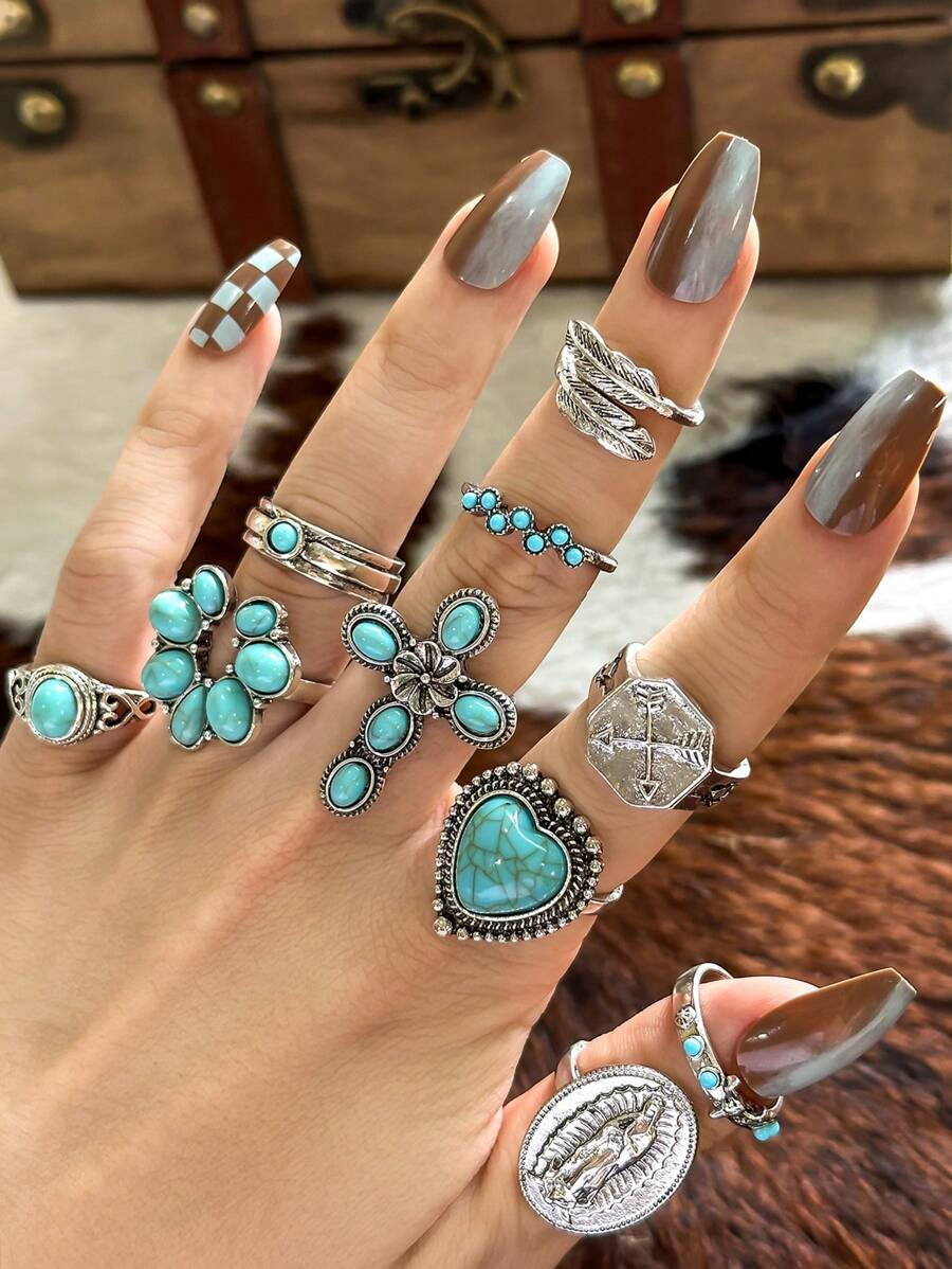 10pcs Set Vintage Silver-Color Western Style Turquoise Flower Cross Arrow Heart Knuckle Rings For... | SHEIN