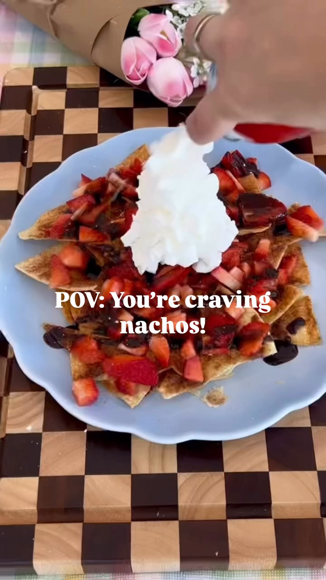 Strawberry Nachos! 
STRAWBERRY NACHOS

Ingredients:
Flour tortillas
Strawberries
Brown Sugar
Sugar
Butter
Whip cream
Chocolate Syrup

Recipe:
Melt your butter and brush onto your tortillas. 
Mix 1/2 cup brown sugar and 1/2 cup regular sugar. Once fully covered in butter, sprinkle on your sugar mixture. 
Cut your tortillas into chip sizes and place in oven at 375 for 10-15minutes (until you reached that perfect crunch)
Top with chopped strawberries, chocolate syrup and whip cream 🍓


#LTKvlog #LTKfoodie #LTKmomlife