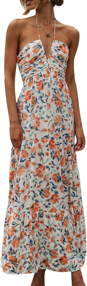 FEORJGP Womens Summer Spaghetti Strap Long Dress Boho Low Cut Dress Backless Flowy Midi Dress Boh... | Amazon (US)