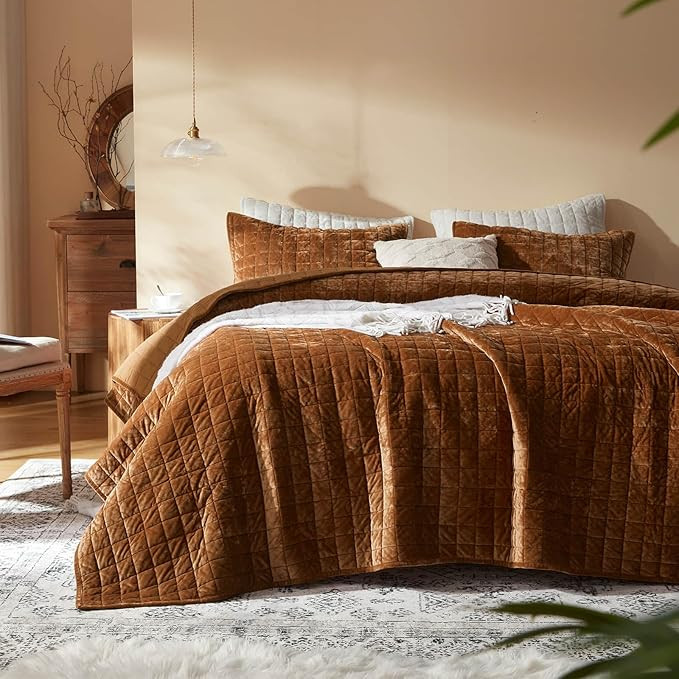 LEAONME Velvet Quilt California King-118''x106'', Lightweight Caramel Velvet Comforter Set with 2... | Amazon (US)