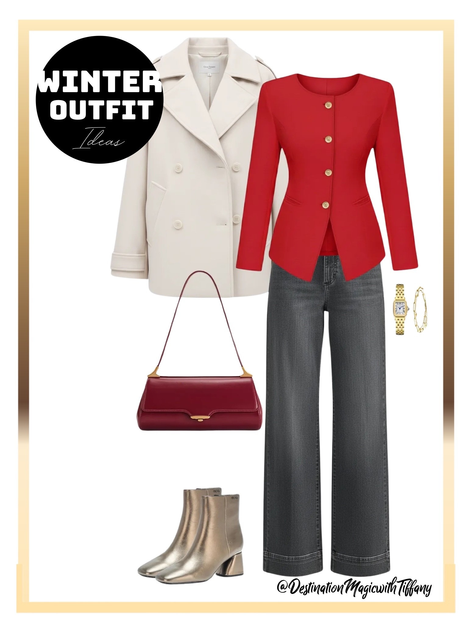 This everyday magic winter outfit blends timeless neutrals with a bold statement layer. A tailored red blazer instantly elevates classic denim, while a crisp neutral coat adds polish and warmth. Finished with metallic ankle boots, gold accessories, and a structured shoulder bag, this look feels confident, chic, and effortlessly put together.

Perfect for winter travel, casual meetings, dinner plans, or anytime you want a standout outfit that still feels wearable. A capsule-friendly look that proves a pop of color can do all the work.

#EverydayMagic #WinterOutfitInspo #CapsuleWardrobe #EffortlessStyle #LTKFinds #ChicEveryday #TravelStyle #DestinationMagicWithTiffany

#LTKootd