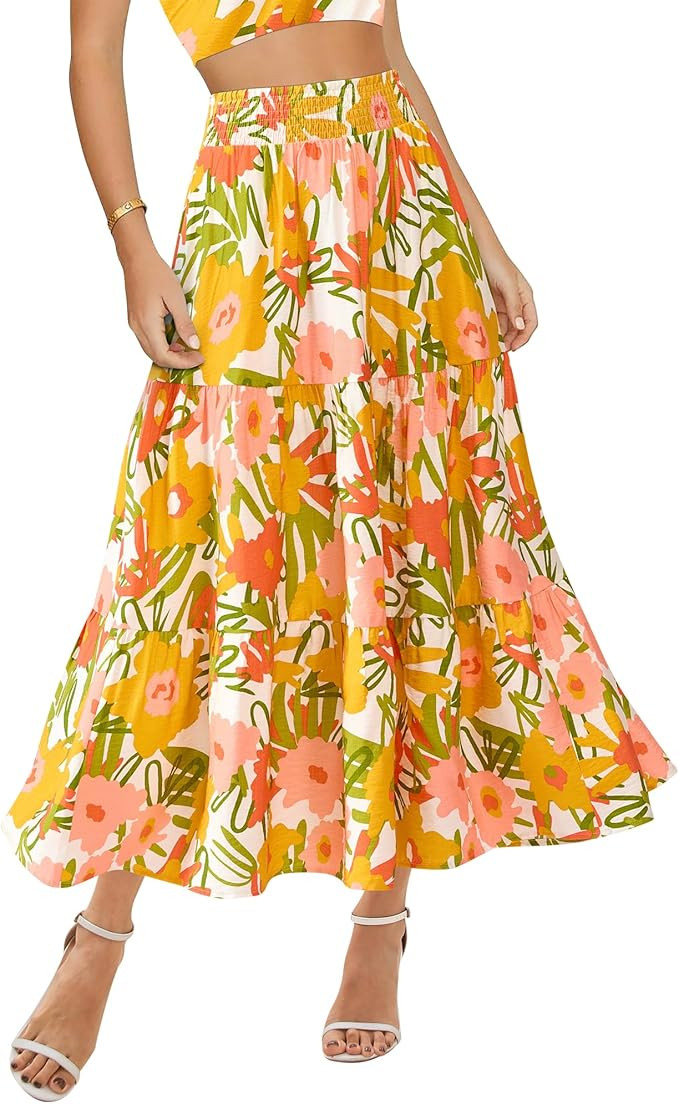 BTFBM Women's Floral Print Midi Maxi Skirts 2025 Summer Casual Aline Elastic High Waist Pleated F... | Amazon (US)