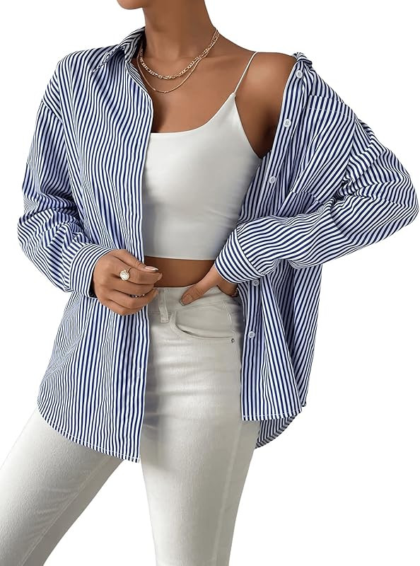 SweatyRocks Women's Striped Long Sleeve Button Down Shirt Casual Collared Pocket Blouse Blue Whit... | Amazon (US)