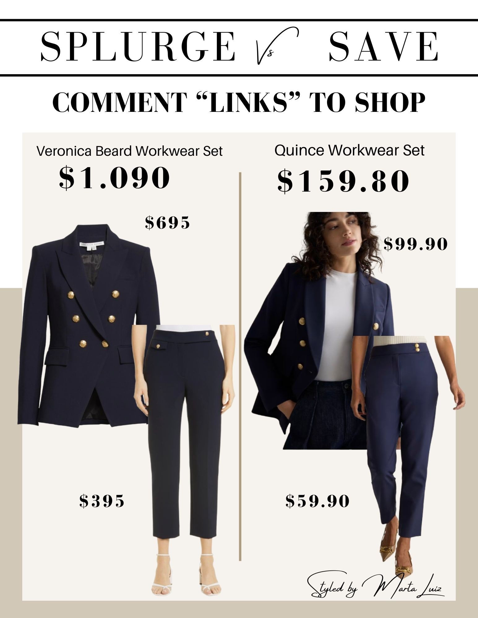 Save vs splurge | workwear 
Splurge Veronica Beard Dickey blazer 
Veronica beard trousers 
Save Quince luxe for less captain’s convertible blazer 
Quince  trousers 

#LTKWorkwear #LTKFindsUnder100 #LTKStyleTip