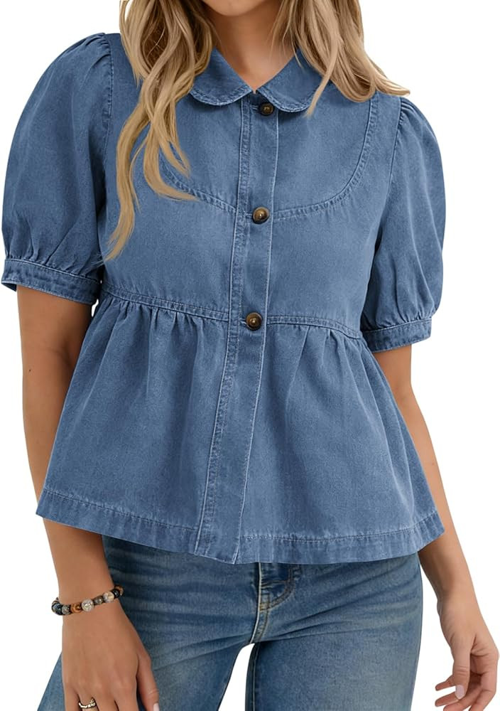 Yousify Womens Button Down Denim Shirts Short Puff Sleeve Babydoll Peplum Casual Jean Tops Summer... | Amazon (US)