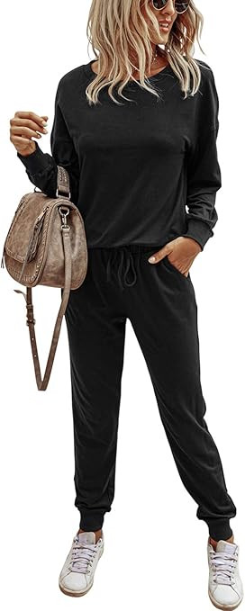 AMiERY Women's Solid Two Piece Sweatsuits Sets Long Sleeve Pullover Tops and Long Pants Tracksuit... | Amazon (US)