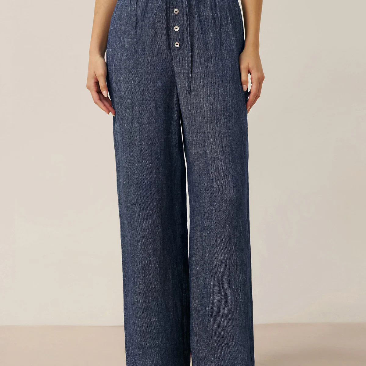 100% Linen Denim Texture Elastic Waist Straight Leg Pants HAZEL | LINTICO