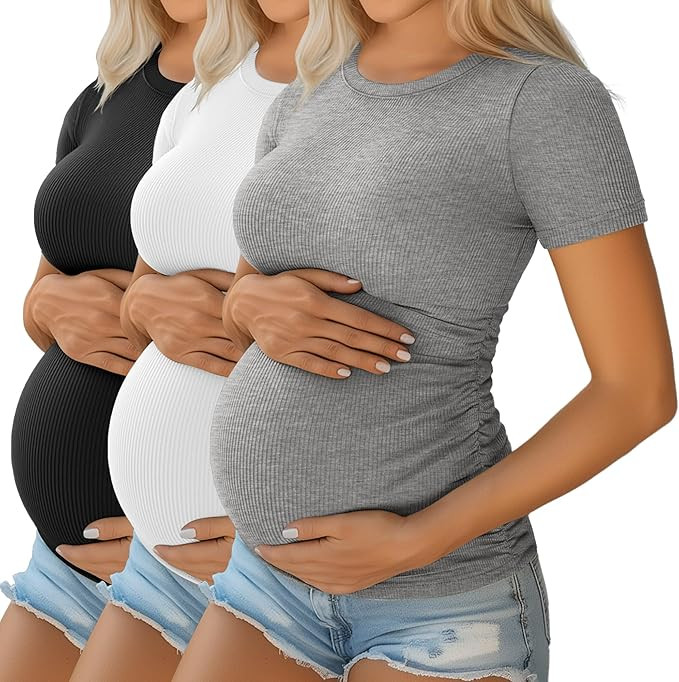 Ficerd 3 Pack Women's Maternity Shirts Cotton Short Sleeve Pregnancy Tops Side Ruched Ribbed Casu... | Amazon (US)