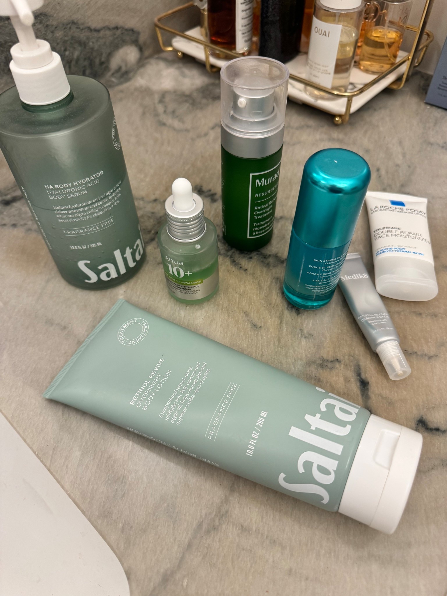 Current after shower night time routine.  Love the Salt Air products for after shower/pm routine!  Leaves your skin silky smooth.  Murad product is super gentle retinal I use nightly

styled with bags, Night time routine, skin care routine, after shower routine, retinol lotions, retinol body lot, body serum, face lotion, eye serum, anti aging skin care, mature skin care routine #skincare #nighttimeroutine

#LTKBeauty #LTKdayinmylife