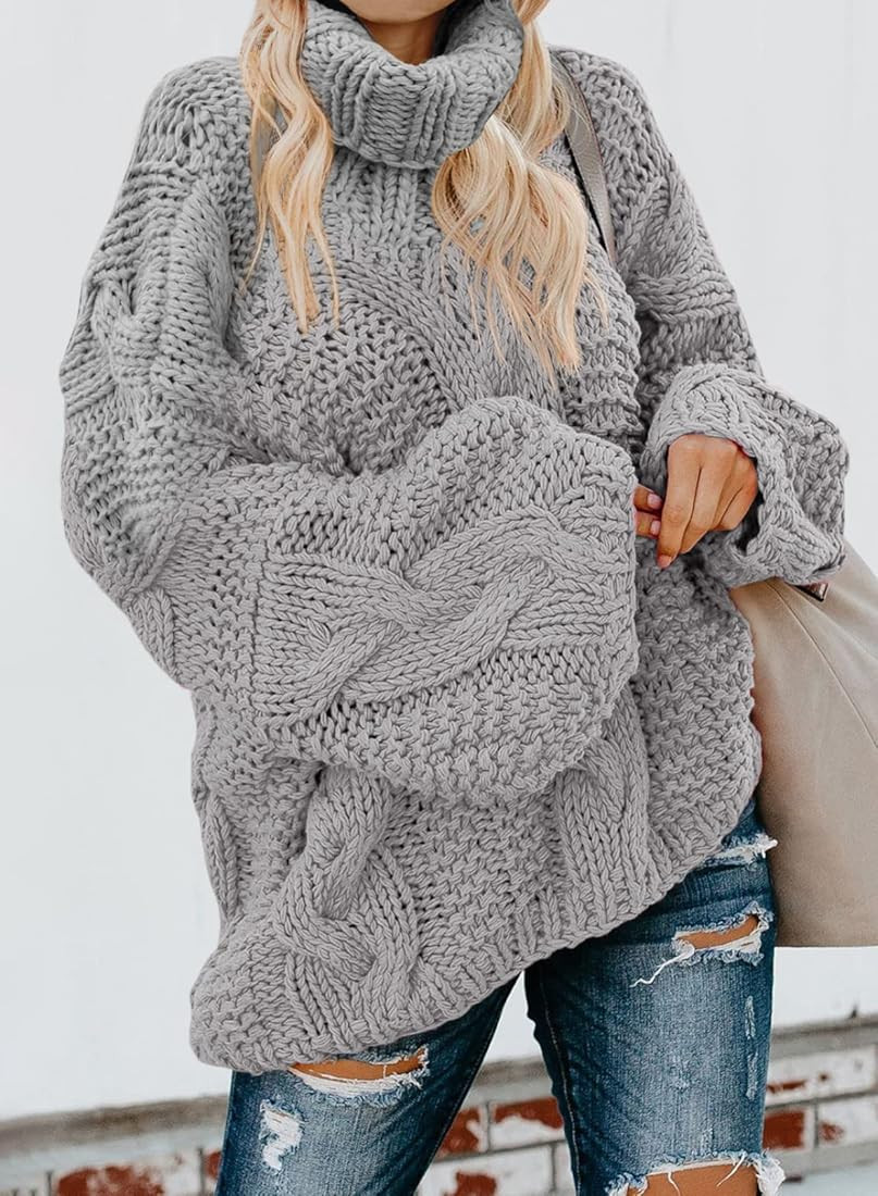 Ecrocoo Women's Off Shoulder Long Sleeve V-Neck Ribbed Cable Pullover Sweaters Loose Fitting Jumper  | Amazon (US)