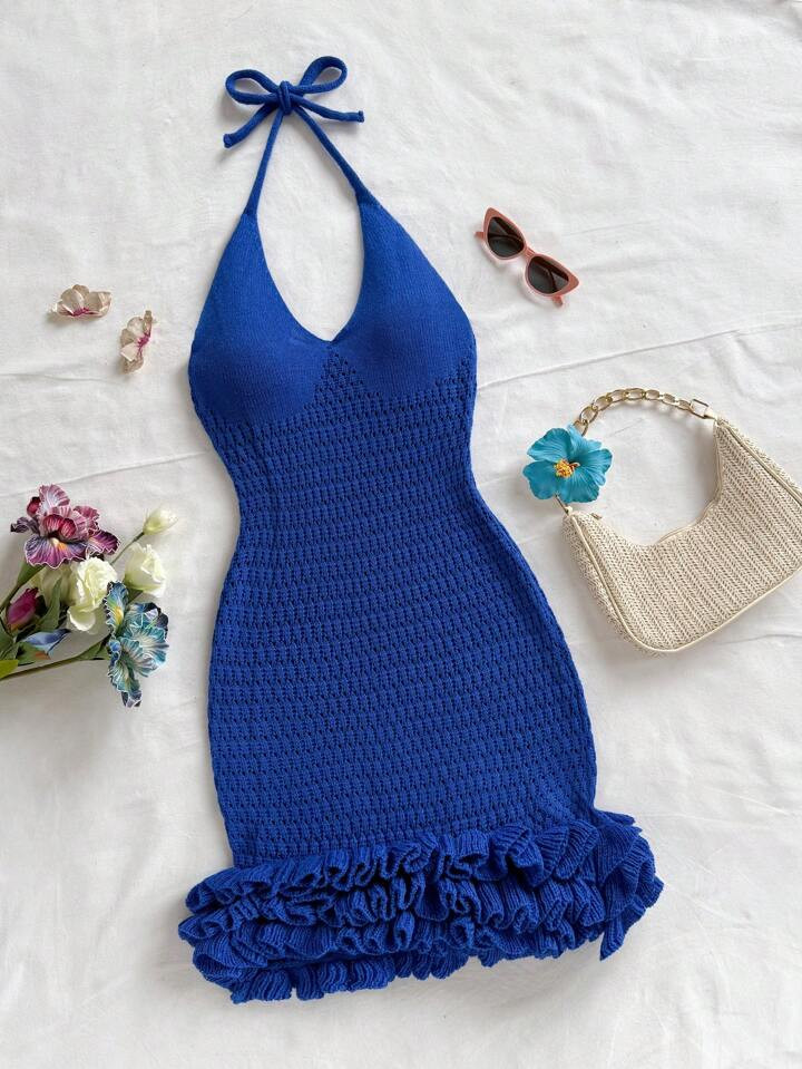 Soleia Vacation Halter Neck Backless Ruffle Trim Knitted Dress | SHEIN