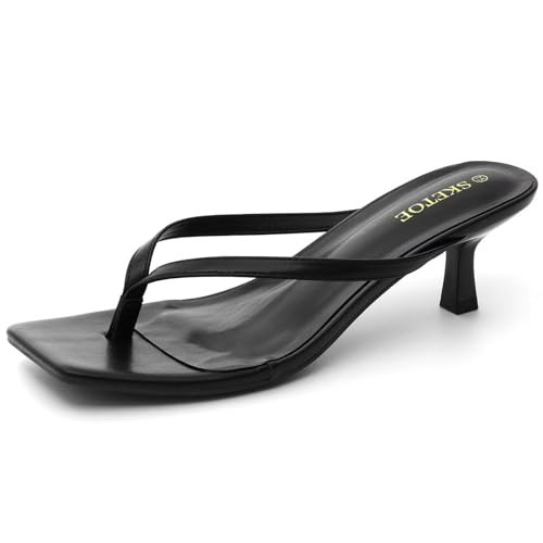 SKETOE Kitten Heels for Women Square Toe Sandals Flip Flop Heels Thong Sandals Comfortable Summer 2 Inch Heels Sandals Black | Amazon (US)