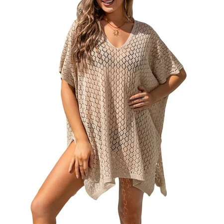 FEORJGP Women Summer Crochet Bikini Cover Ups Ladies Sexy Knit Cutout Split Beach Dress Short Sleeve T-Shirt Crew Neck Tunic for Swimsuit Bathing Suit Clothes Bechwear | Walmart (US)
