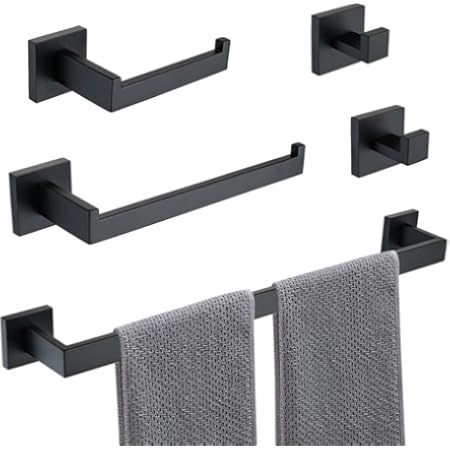 TURS Black Bathroom Towel Bar Set Square 5 Pieces Bathroom Hardware Set Matte Black Towel Holder ... | Amazon (US)