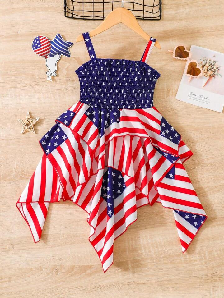 Young Girl Cute Independence Day Striped And Star Printed Sleeveless Dress, Summer | SHEIN