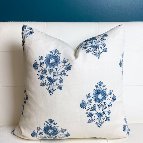 Beatrice Bouquet Pillow Cover - Blue White Floral Pillow Cover - Linen Pillow - Schumacher Pillow... | Etsy (US)