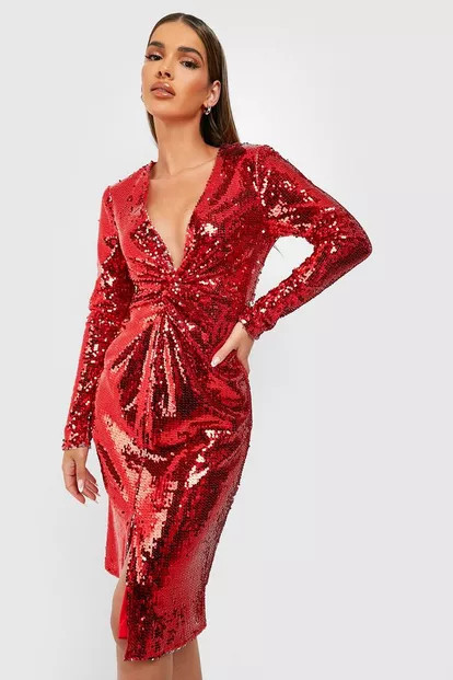 Sequin Twist Front Midi Party Dress | Boohoo.com (US & CA)