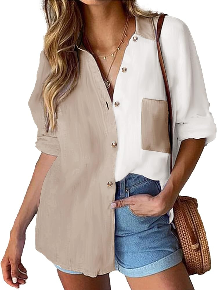 HOTOUCH Womens Cotton Button Down Shirt Casual Long Sleeve Loose Fit Collared Linen Work Blouse T... | Amazon (US)