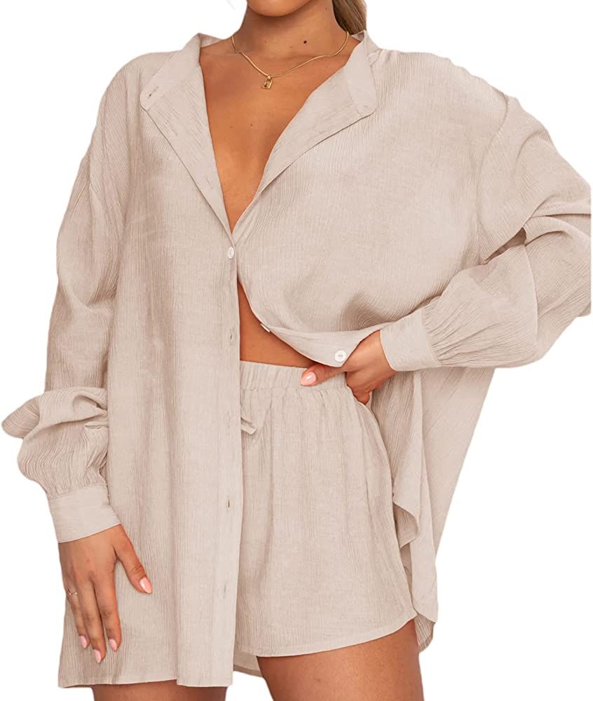Women Casual Two Piece Outfits Set Oversized Long Sleeve Shirt High Waist Shorts Set Summer Track... | Amazon (US)