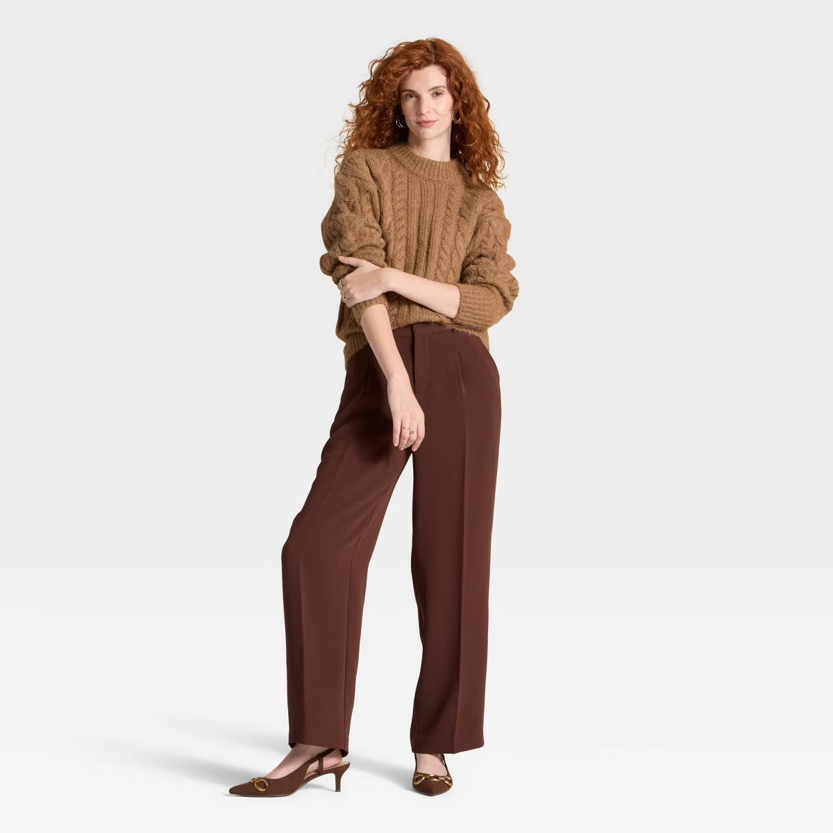 Women's Cabled Sweater - A New Day™ Heather Brown L | Target