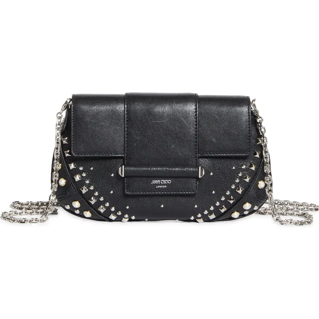 Jimmy Choo Bar Studded Leather Wallet on a Chain in Black/Ivory/Antique Silver at Nordstrom | Nordstrom