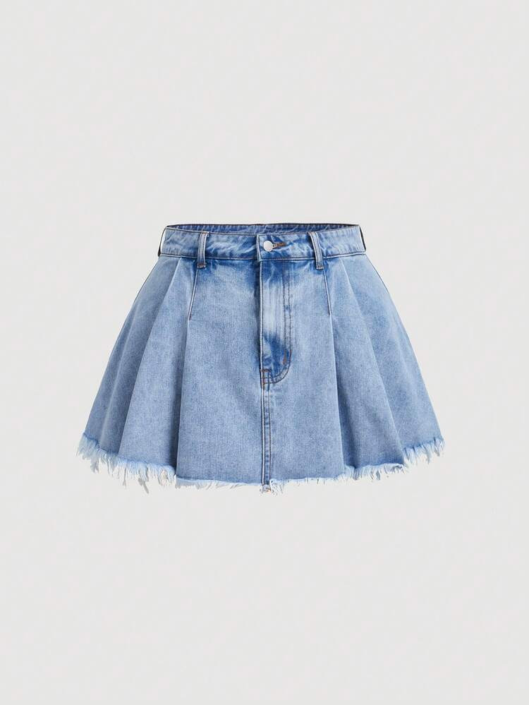 SHEIN Plus Fold Pleated Raw Hem Denim Skort
       
              
              $15.49  
       ... | SHEIN