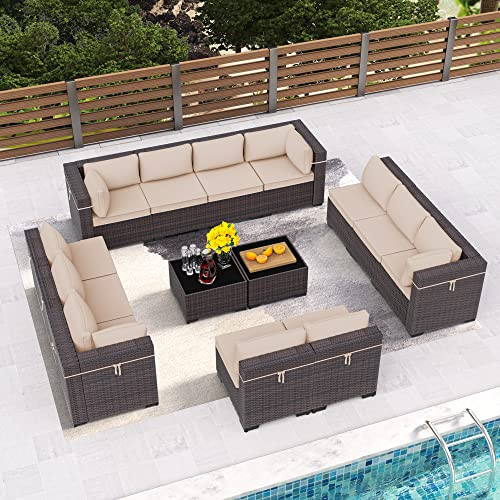 RTDTD Outdoor Patio Furniture Set, 14 Pieces Outdoor Furniture All Weather Patio Sectional Sofa PE Wicker Modular Conversation Sets with Coffee Table,12 Chairs & Seat Clips(Sand) | Amazon (US)