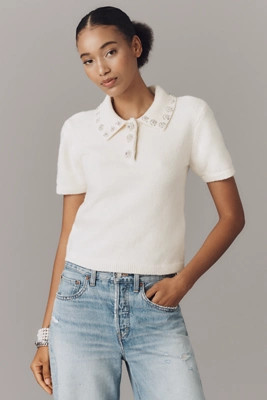 English Factory Short-Sleeve Embellished Polo Sweater | Anthropologie (US)