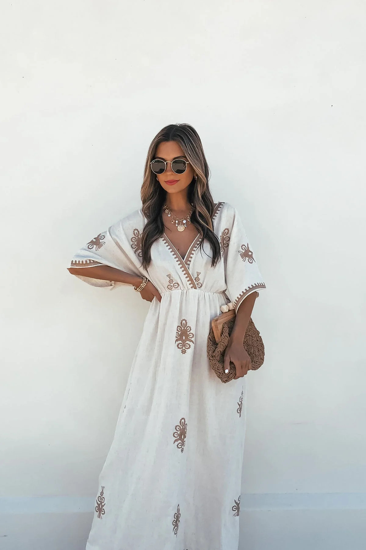 Beige Floral Embroidered Linen Maxi Dress | Magnolia Boutique