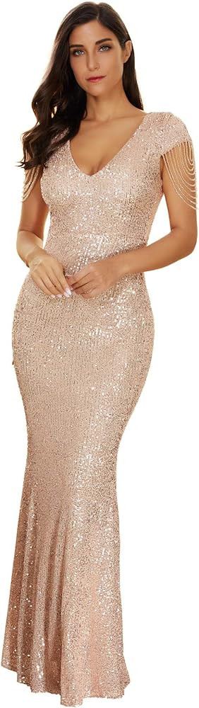 Women's V Neck Sequin Formal Evening Dress Tassel Bead Sleeve Mermaid Long Gown 1920S Party Maxi ... | Amazon (US)