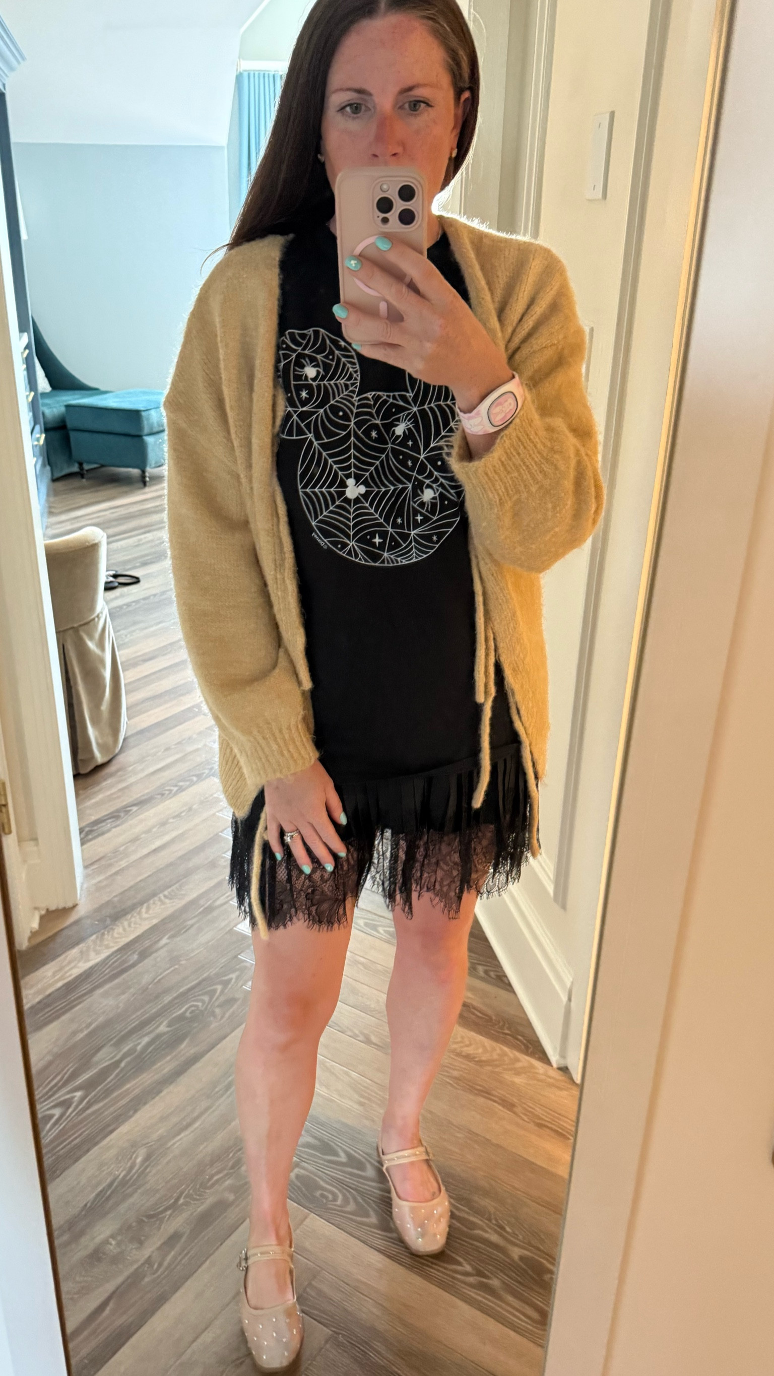 Mickey’s not so scary Halloween party parade Disney outfit day tonight change out sneakers for ballet flats throw on a cardigan slip skirt low cost fine glow in the dark Mickey spooky season T-shirt oversized. 