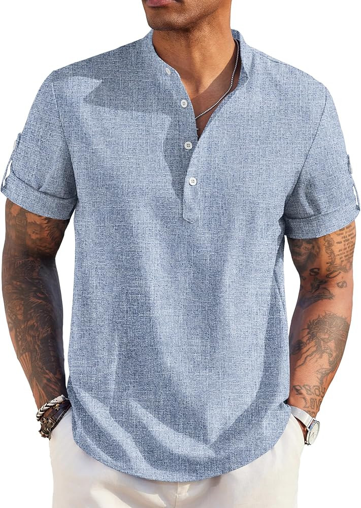 COOFANDY Men's Casual Henley Shirt Short Sleeve Band Collar Linen Shirt Summer Beach Hippie T-Shi... | Amazon (US)
