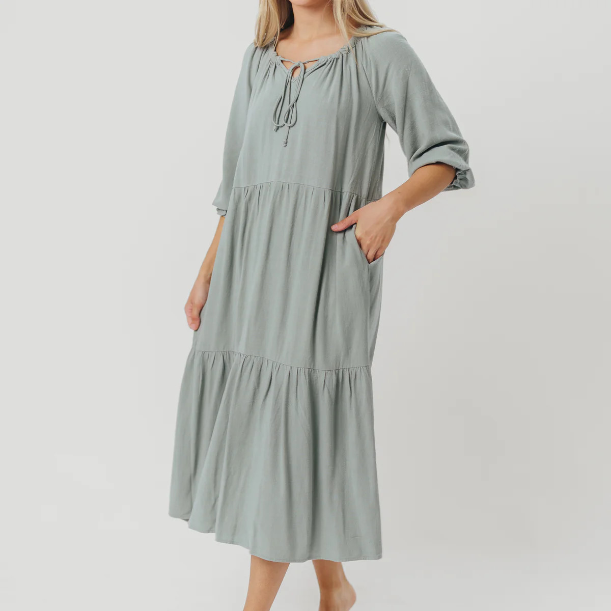Avery Tiered Linen-Blend Midi Dress in Sage - Bump Friendly and Inclus | Worth Collective