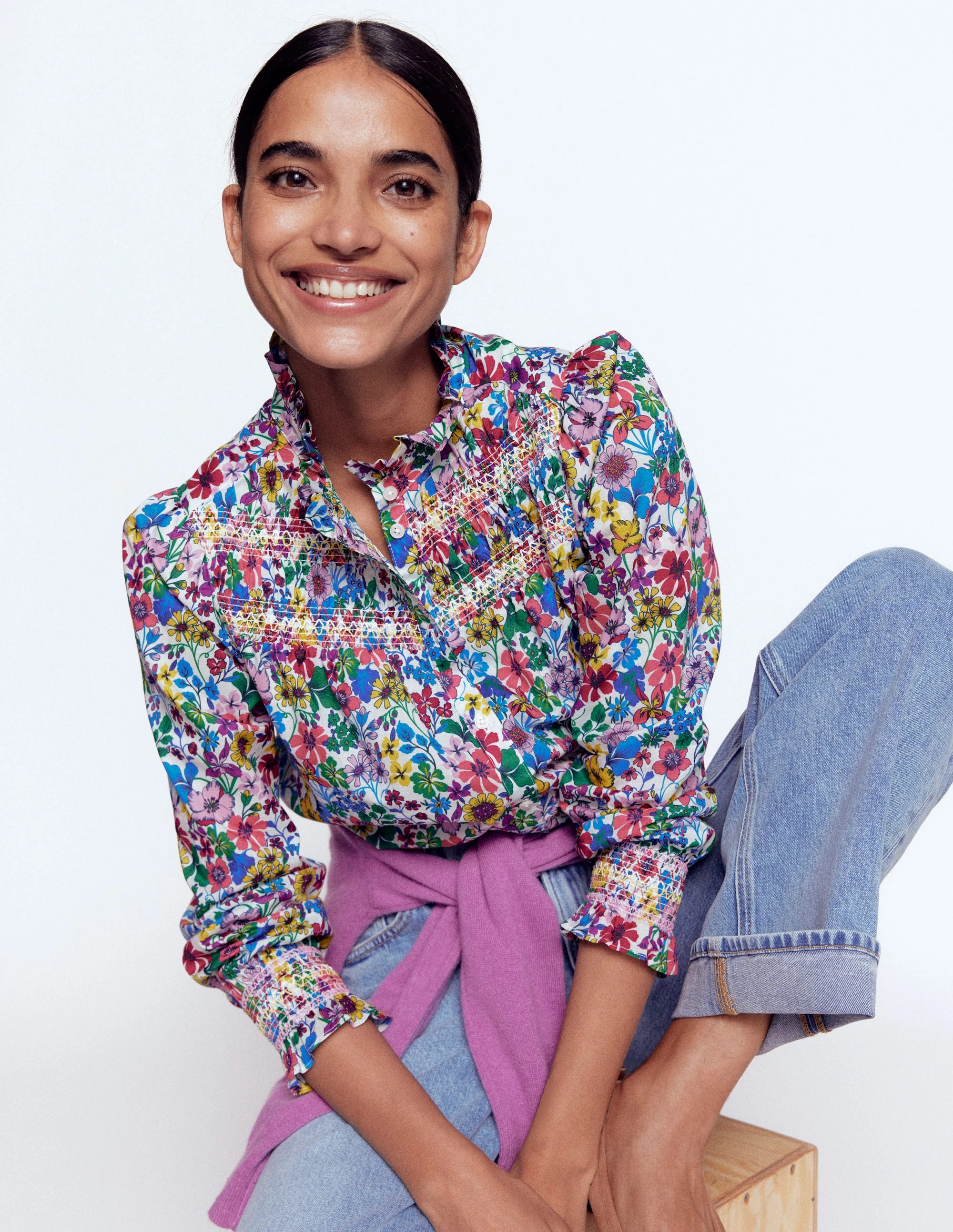 Esme Smocked Detail Frill Top-Multi, Blossoming Garden | Boden UK